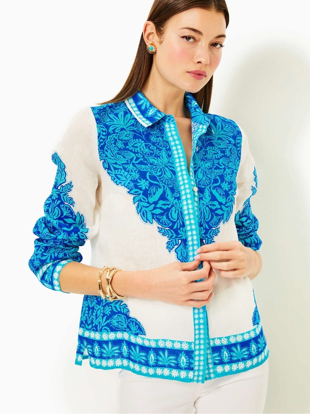 NWT LILLY PULITZER BLUE AND WHITE BUTTON DOWN LONG SLEEVE BLOUSE